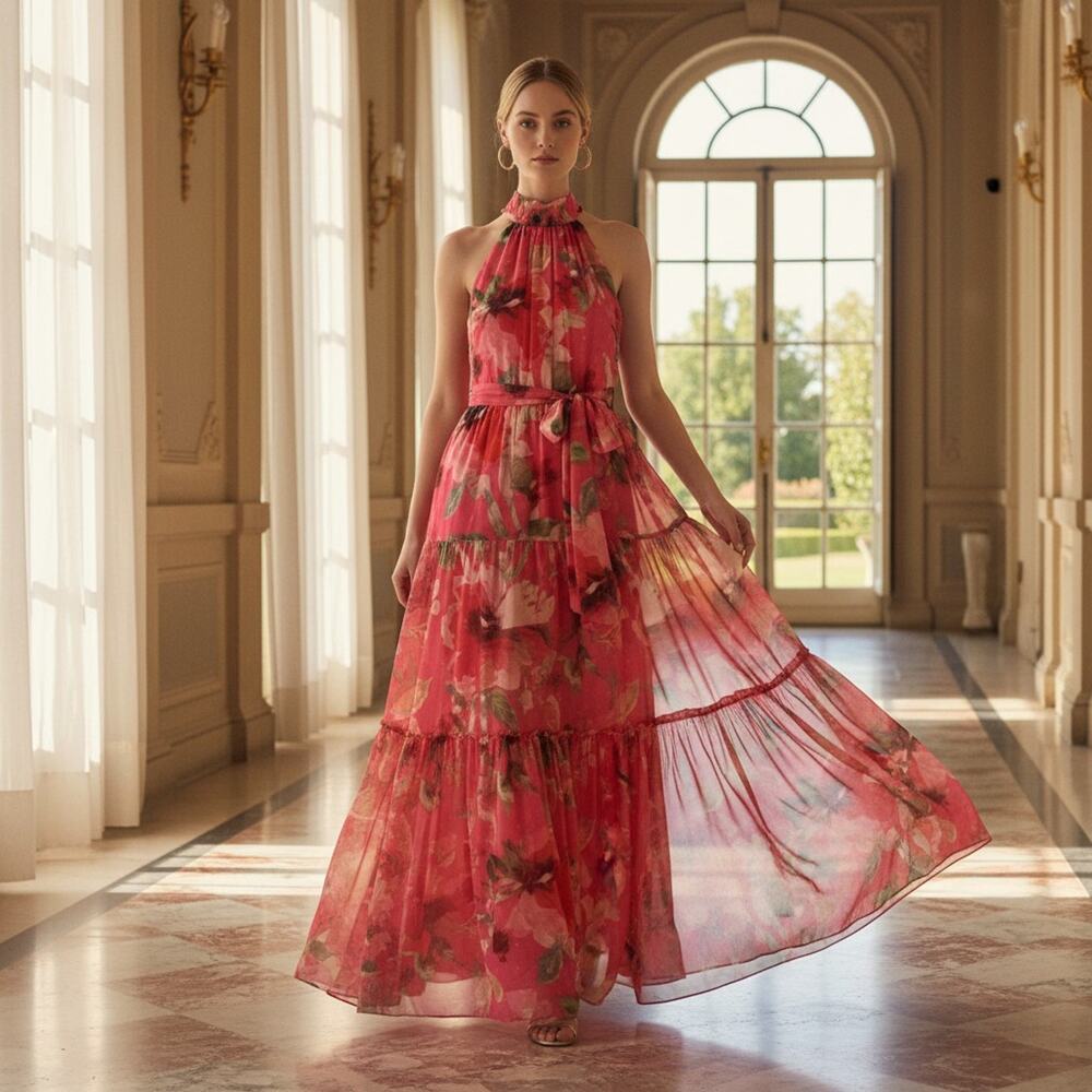 Eliza J Vibrant Pink Floral Halter Gown Size 6 NWT - NO BELT - Picture 4 of 8